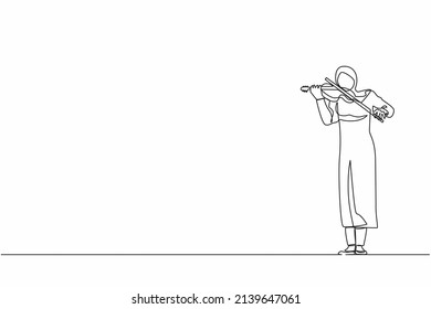 Single one line drawing Arab woman musician playing violin. Classical music performer with musical instrument. Female musician playing violin at music festival. Continuous line design graphic vector