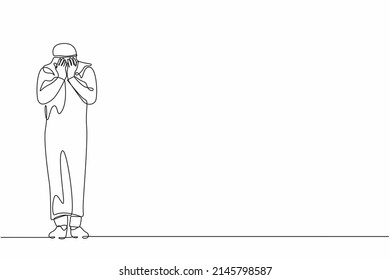 Single one line drawing Arab businessman cover his face by hands and crying. Depression disorder, sad, sorrow, disappointment. Psychological therapy, treatment. Continuous line design graphic vector