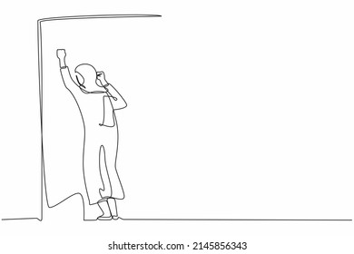 Single One Line Drawing Arab Businesswoman Crying Sad Lost Her Opportunity. Depressed Office Worker Wailing On Wall Losing Her Job. Depressive Disorder, Sorrow. Continuous Line Design Graphic Vector