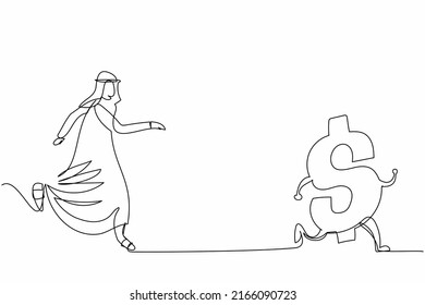 Single one line drawing Arab businessman chasing dollar symbol. Pursuit to success, wealth, financial freedom, rich, investment. Business metaphor. Continuous line design graphic vector illustration
