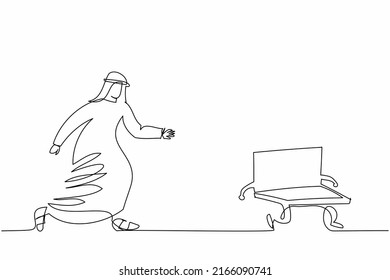 Single one line drawing Arab businessman chasing laptop. Employee who works in office who has deadlines and tasks that are constantly being chased. Continuous line design graphic vector illustration