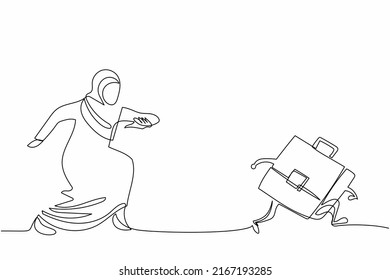 Single one line drawing Arab businesswoman chasing briefcase. Manager trying to success at office. Best performance work to growth career path. Continuous line draw design graphic vector illustration