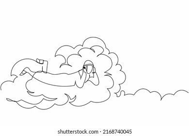 Single one line drawing Arab businessman lay on clouds and dreaming or thinking about new business project. Relaxes and resting worker concept. Continuous line draw design graphic vector illustration