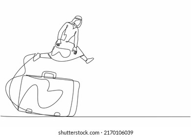 Una sola línea que dibuja a un empresario árabe saltando sobre una gran cartera de documentos. Director ejecutivo trabajando como accesorio. Competencia comercial exitosa. Ilustración de líneas continuas moderna de diseño gráfico vectorial