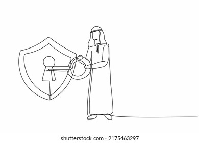 Single one line drawing Arab businessman putting big key into shield  Internet security   protection  Encryption  encoding digital currency data  Continuous line design graphic vector illustration