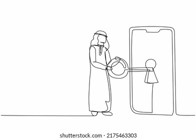 Single one line drawing Arab businessman putting big key into smartphone. Data privacy for protect user from hacker. Password security system. Continuous line draw design graphic vector illustration