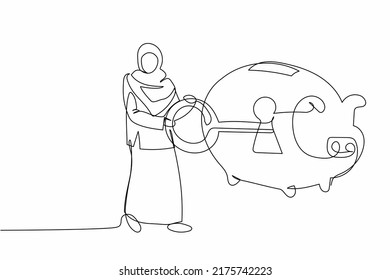 Single one line drawing Arab businesswoman put key into piggy bank. Personal financial protection. Security and safety in saving banking system. Continuous line draw design graphic vector illustration