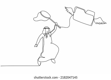 Single one line drawing Arab businessman try to catching flying folder with butterfly net. Losing document and file archive. Business metaphor. Continuous line draw design graphic vector illustration