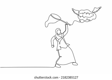 Single one line drawing Arab businesswoman try to catching flying brain with butterfly net. Losing brilliant mind or creative thinking concept. Continuous line draw design graphic vector illustration