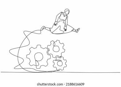Single one line drawing Arab businesswoman jumping over big gears. Operation management system. Female entrepreneur developing business innovation. Continuous line design graphic vector illustration