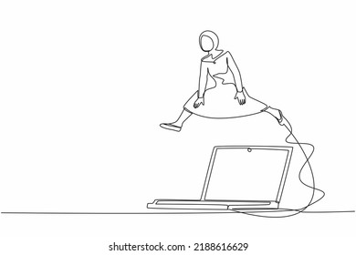 Single one line drawing Arab businesswoman jumping over big laptop computer. Data computing for working efficiency. Office system information. Continuous line draw design graphic vector illustration