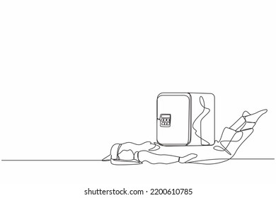 Single one line drawing Arab businessman under heavy safe deposit box burden. Money loss in pandemic crisis, company cannot pay for debt and bankruptcy. Continuous line draw design vector illustration