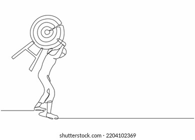 Single One Line Drawing Arab Businesswoman Carrying Heavy Target On Her Back. Effort And Ambition To Reach Goals, Challenge To Win Competition. Continuous Line Draw Design Graphic Vector Illustration