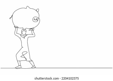 Single one line drawing Arab businesswoman carrying heavy piggy bank on her back. Broke or financial problem due to pandemic. Searching money in crisis. Continuous line draw design vector illustration