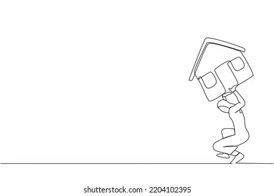 Single one line drawing Arab businesswoman carrying heavy house on her back. Worker struggle with financial payment, home expenses, bills and taxes. Continuous line graphic design vector illustration