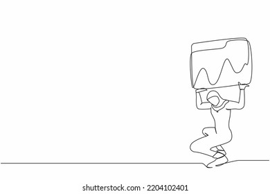 Single one line drawing Arab businesswoman carrying heavy folder icon on her back. Frustrated worker due to overload of work. Despair, exhausted, tired. Continuous line draw design vector illustration