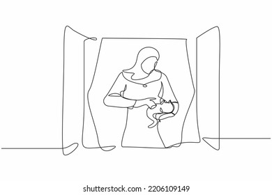 Single one line drawing Arab woman holding cat and looking through window. Stay home and play with her pet. Stay safe during pandemic. Coronavirus. Continuous line design graphic vector illustration