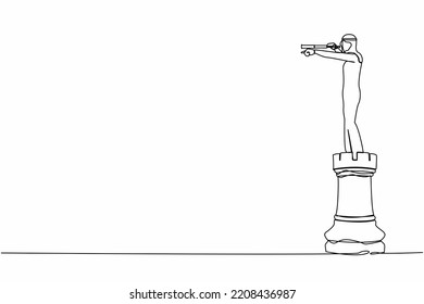 Single one line drawing Arab businessman on top of rook chess piece pointing and using telescope looking for success, opportunities. Success business plan. Continuous line design vector illustration