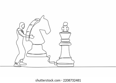 Single one line drawing Arab businesswoman holding horse chess piece to beat king chess. Business development strategy, winning competition, tactics in game. Continuous line design vector illustration