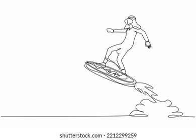 Single one line drawing Arab businessman riding dollar coin rocket flying in the sky. Financial boost, business opportunity to success with competitors. Continuous line draw design vector illustration