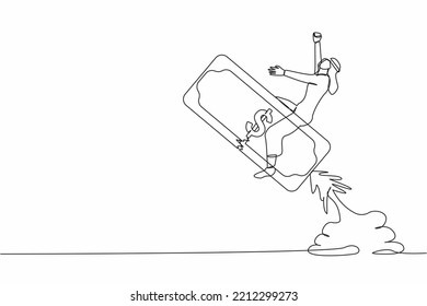 Single one line drawing Arab businessman riding banknote money rocket flying in the sky. Investment opportunity, visionary to make profit, financial growth. Continuous line design vector illustration