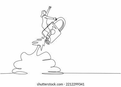 Una sola línea dibujando a una empresaria árabe montando un cohete candado volando en el cielo. Aumentar la protección del negocio de inicio. Garantizar el flujo de dinero en efectivo. Ilustración vectorial de dibujo de línea continua