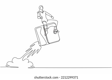 Single one line drawing Arab businesswoman riding safe deposit box rocket flying in sky. Keeping money in bank, protecting savings in safe. Secure finance. Continuous line design vector illustration