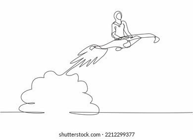 Single one line drawing Arab businesswoman riding magic carpet rocket flying in the sky. Launch new textile business. Acceleration or increase sales growth. Continuous line design vector illustration