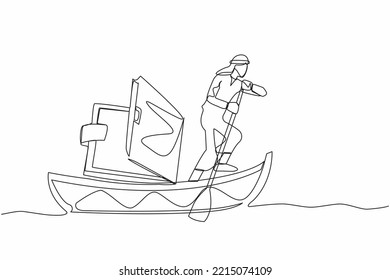 Una sola línea que atrae a un empresario árabe que navega en barco con billetera. Trabajador de oficina con problemas financieros debido a la crisis económica. Falta de dinero. Ilustración vectorial de dibujo de línea continua