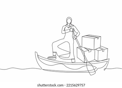 Single one line drawing Arab businesswoman standing in boat and sailing with pile of cardboard. Shipping through the ocean. Delivery and packaging. Continuous line design graphic vector illustration