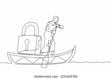 Single one line drawing Arab businesswoman standing in boat and sailing with padlock. Shipping protection at ocean from pirate. Security in business at sea. Continuous line design vector illustration
