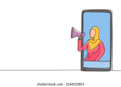 Single one line drawing Arab woman coming out of smartphone screen holding megaphone. Offering product with discounts or sale concept. Modern continuous line draw design graphic vector illustration