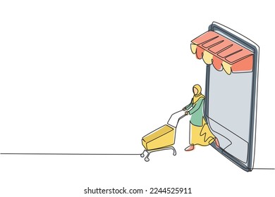 Single one line drawing Arab woman coming out of canopy smartphone screen pushing a shopping cart. Digital lifestyle consumerism concept. Modern continuous line draw design graphic vector illustration