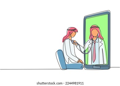 Single one line drawing Arab male doctor comes out of smartphone screen and checks male patient's heart rate using stethoscope sitting on chair. Continuous line draw design graphic vector illustration