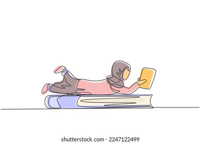 Single one line drawing Arab little girl reading, learning and laying down on big book. Study at home. Smart student, education concept. Modern continuous line draw design graphic vector illustration