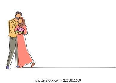 Single one line drawing Arab man gives flowers to woman and hug her. Young man giving to woman bouquet of flowers for propose. Happy romantic couple in love. Continuous line draw design graphic vector