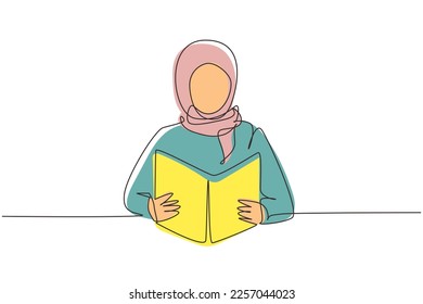 Single one line drawing Arab girl reading book, education. Woman student sitting at desk to read literary work, story books, study, textbooks on table. Continuous line draw design vector illustration