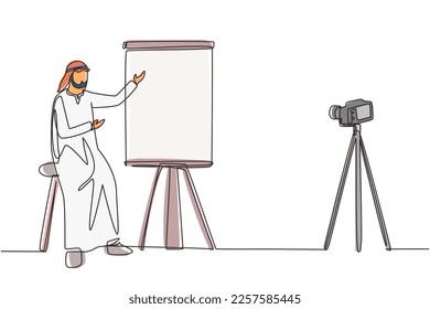 Single one line drawing Arab businessman blog doing presentation. Marketer, financial advisor, business coach, trainer. Entrepreneur streaming webinar continuous line draw design vector illustration