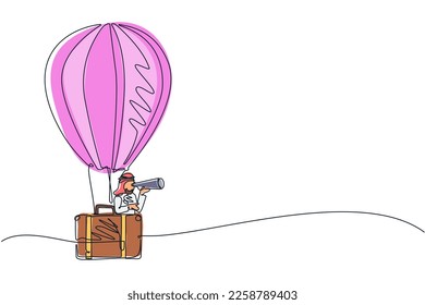 Single one line drawing Arab businessman looking through telescope in hot air balloon briefcase. Man in suitcase balloon search to success. Business travel concept. Continuous line draw design vector