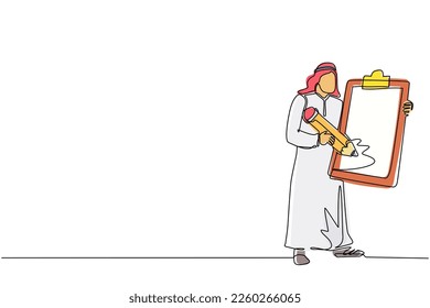 Single one line drawing Arab businessman holding clipboard with checklist. Business success completed plan. Goal achievements planning schedule concept. Continuous line draw design vector illustration