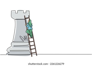 Single one line drawing Arab businesswoman climb huge rook chess piece with ladder. Business strategy and marketing plan. Strategic move in business concept. Continuous line draw design graphic vector