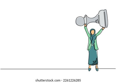 Single one line drawing Arab businesswoman holding, lifting pawn chess piece. Successful entrepreneurship tactics or strategy, superiority in business. Continuous line draw design vector illustration