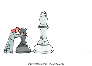 Single one line drawing Arab businessman push huge pawn chess piece. Business strategy and marketing plan. Strategic move in business concept. Continuous line draw design graphic vector illustration
