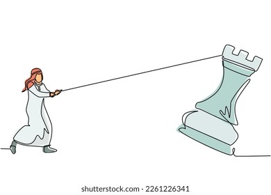 Single one line drawing Arab businessman pulling big rook chess with rope. Business achievement goal, strategy, competitive, strategic concept. Continuous line draw design graphic vector illustration