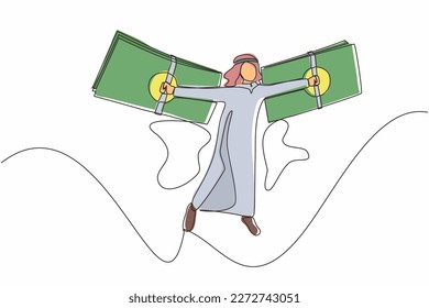 Single one line drawing Arab businessman flying on money wings. Financial freedom concept, depicting man flying on wings made of currency bills. Continuous line draw design graphic vector illustration