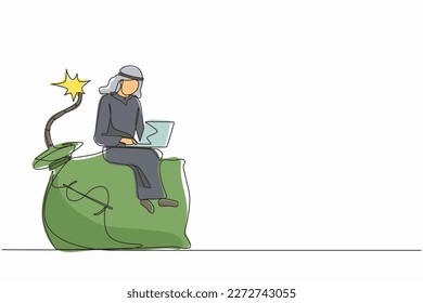 Single one line drawing Arab businessman sitting on huge bomb with burning fuse and money bag. Financial problem, taxation burden or business debt, deadline. Continuous line draw design graphic vector