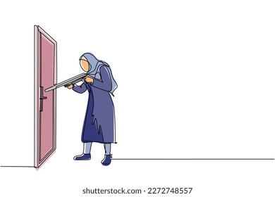 Eine einzige Linie ziehende arabische Geschäftsfrau, die auf Türknauf schießt. Kampf um den Durchbruch in der Wirtschaft. Die Macht zum Erfolg. Öffnen Sie die geschlossene Tür. Grafische Vektorgrafik für kontinuierliche Zeilenzeichnung