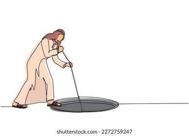Single one line drawing Arab businessman stretch out rope into hole. Man wondering and looking at big hole, business concept in opportunity, exploration, challenge. Continuous line draw design vector