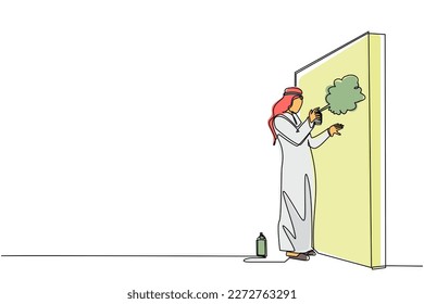Eine einzige Linie, die arabische Geschäftsleute zeichnet, zeichnet Profitdiagramm an der Wand. Business-und Erfolg-Metapher-Konzept. Vorwurf des Karrierewachstums. Grafische Vektorgrafik für kontinuierliche Zeilenzeichnung