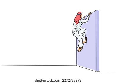 Single one line drawing Arab businessman climb the obstacle wall, solve the problem. Business concept, team metaphor. Successful leader businessman. Continuous line design graphic vector illustration